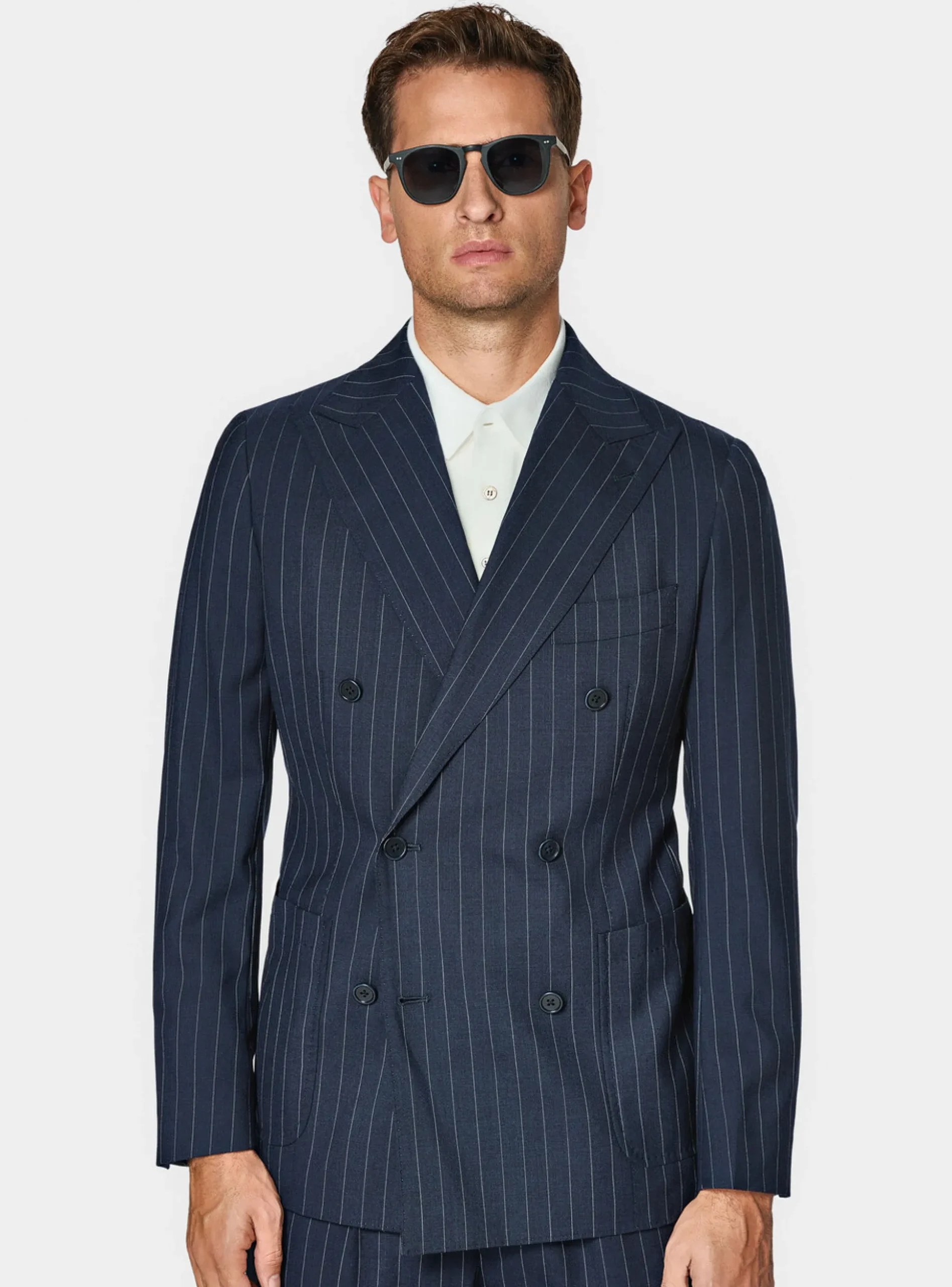 Abito doppiopetto navy in pura lana gessata