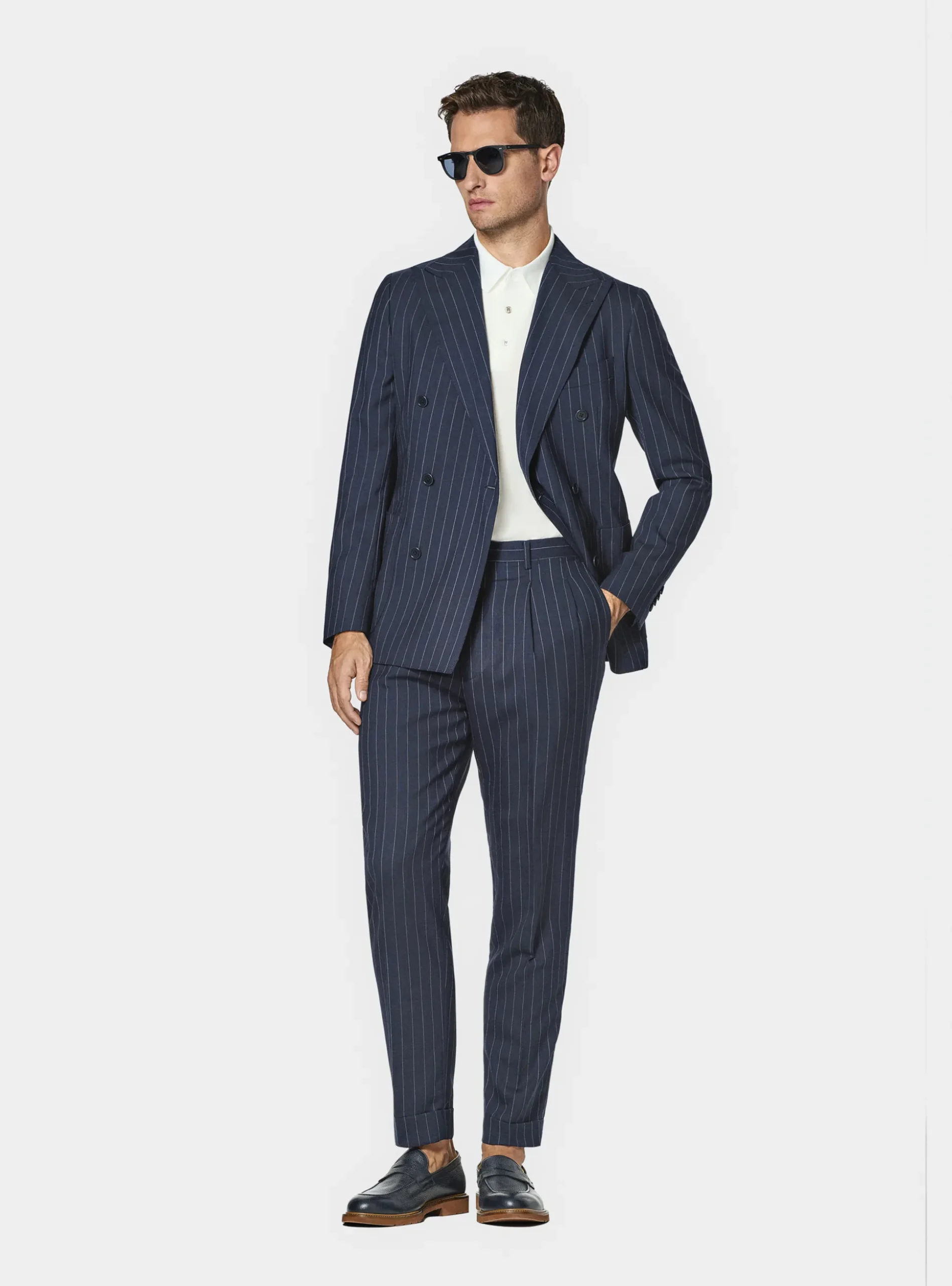 Abito doppiopetto navy in pura lana gessata