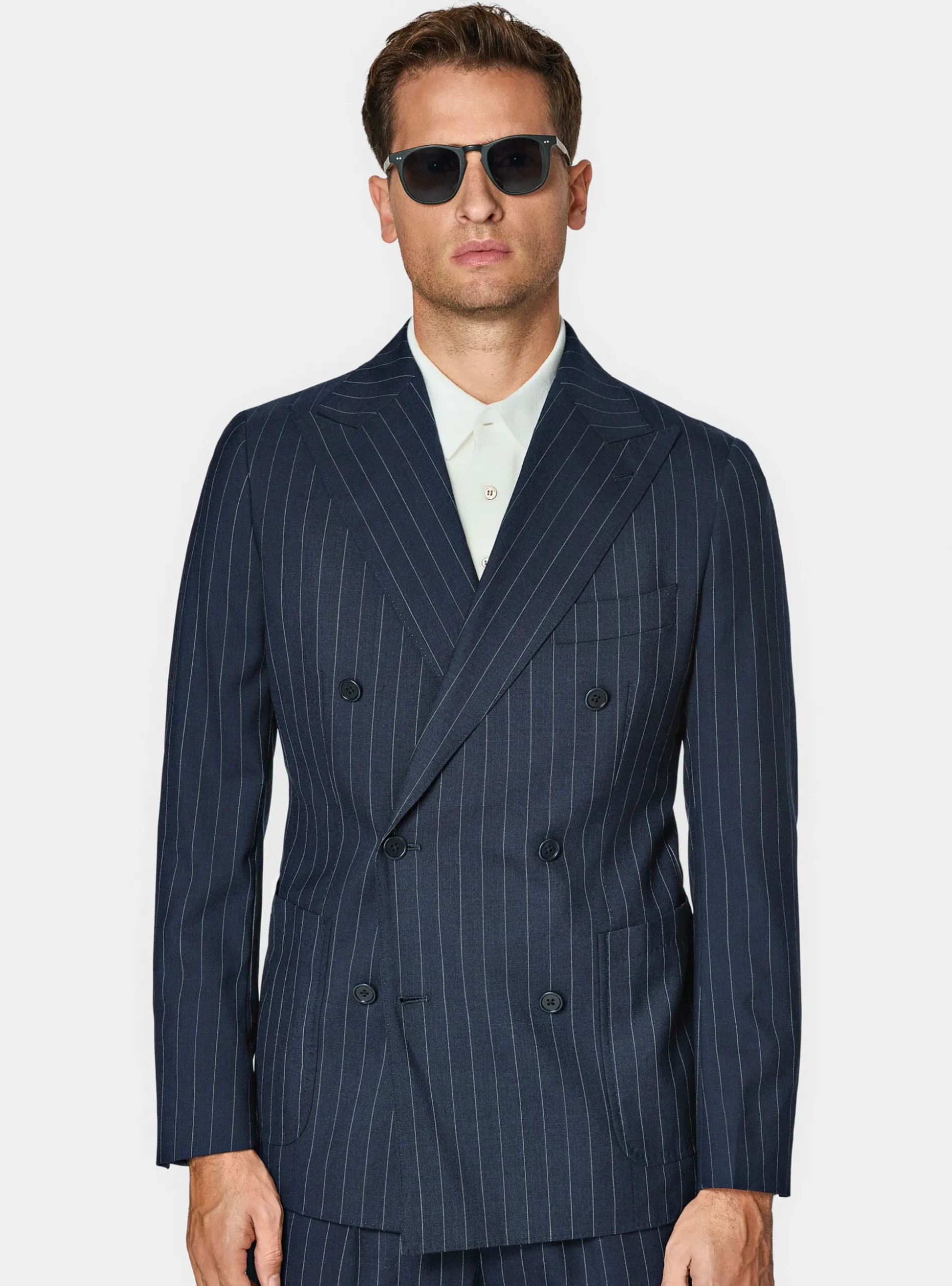 Abito doppiopetto navy in pura lana gessata