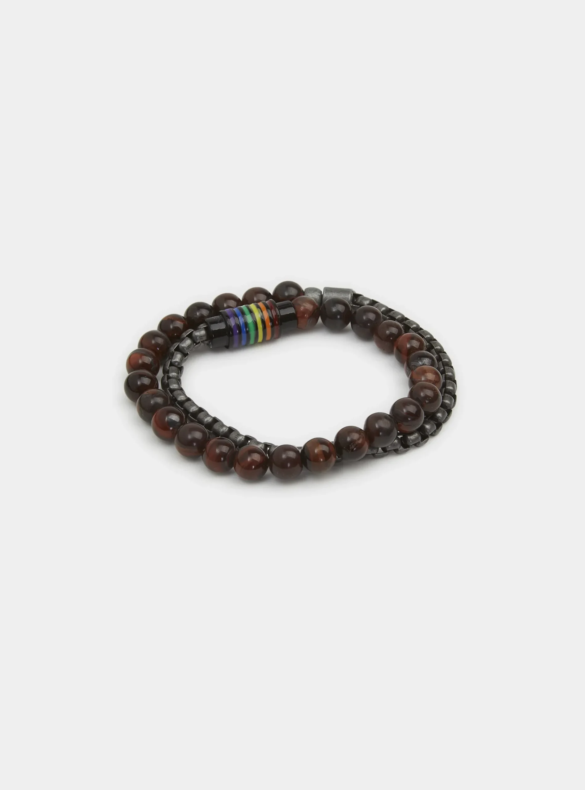 Bracciale doppio con metallo e sfere marroni