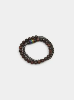 Bracciale doppio con metallo e sfere marroni