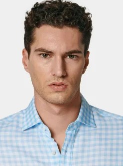 Camicia azzurra in misto lino a quadri