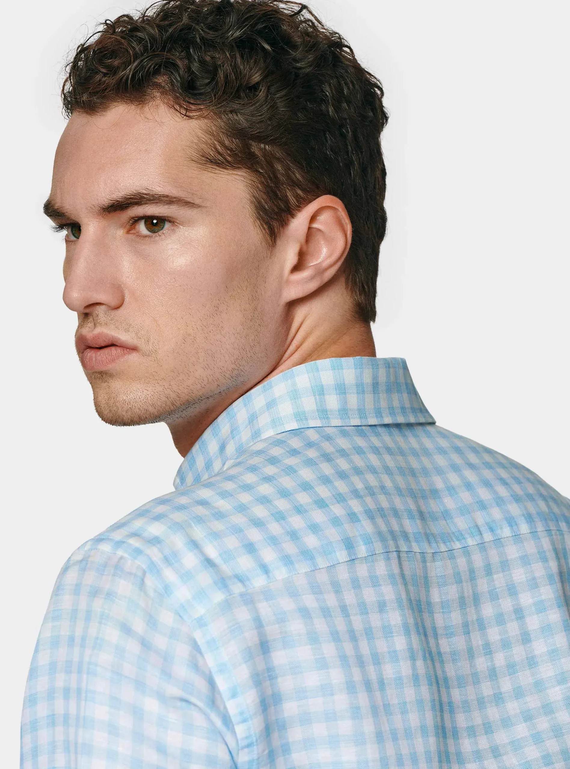 Camicia azzurra in misto lino a quadri