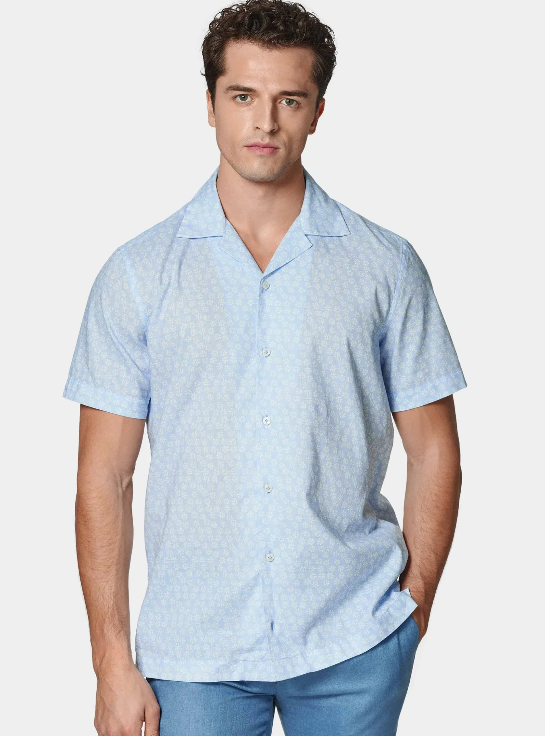 Camicia bowling in lino e cotone stampato