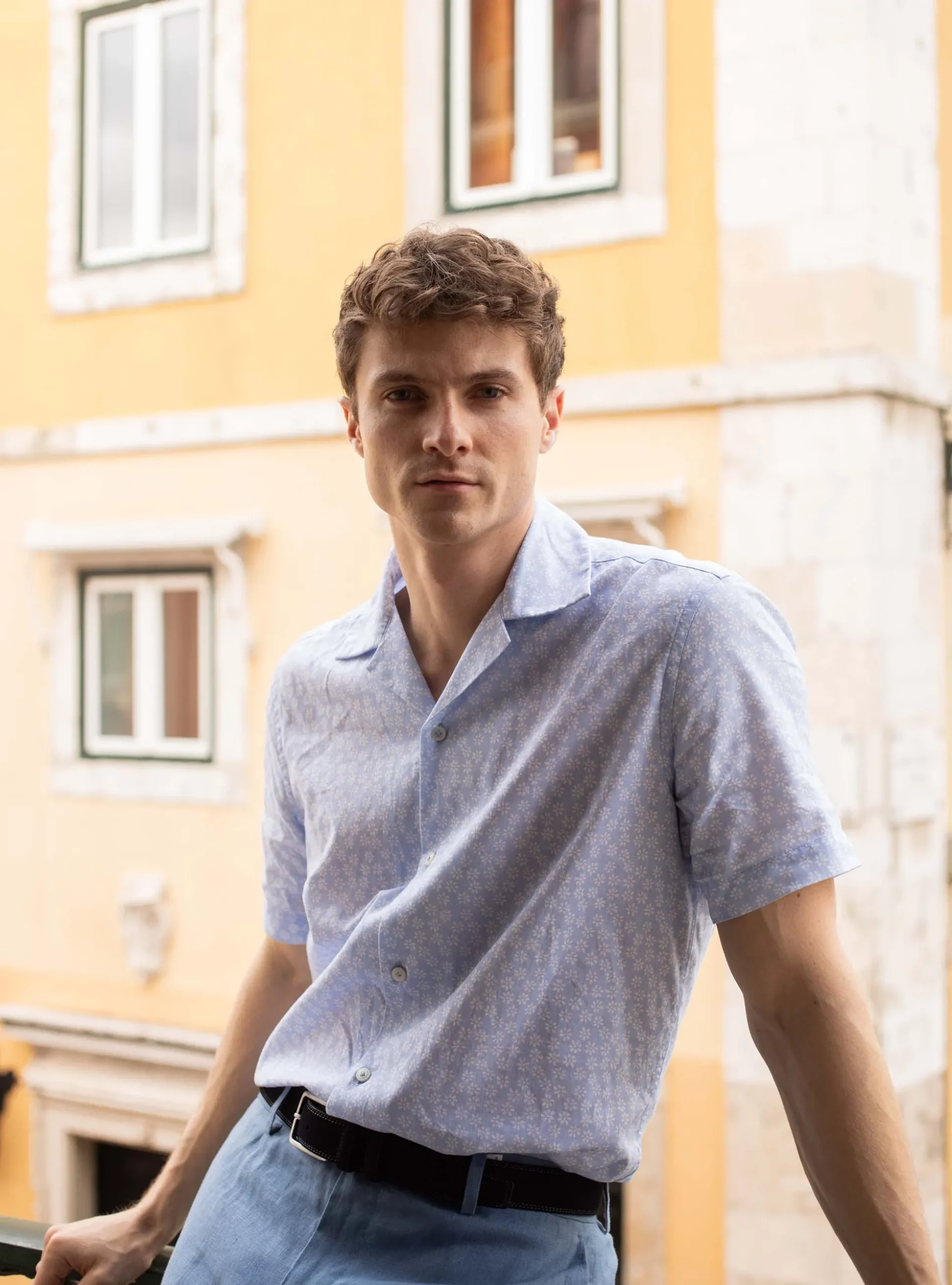 Camicia bowling in lino e cotone stampato