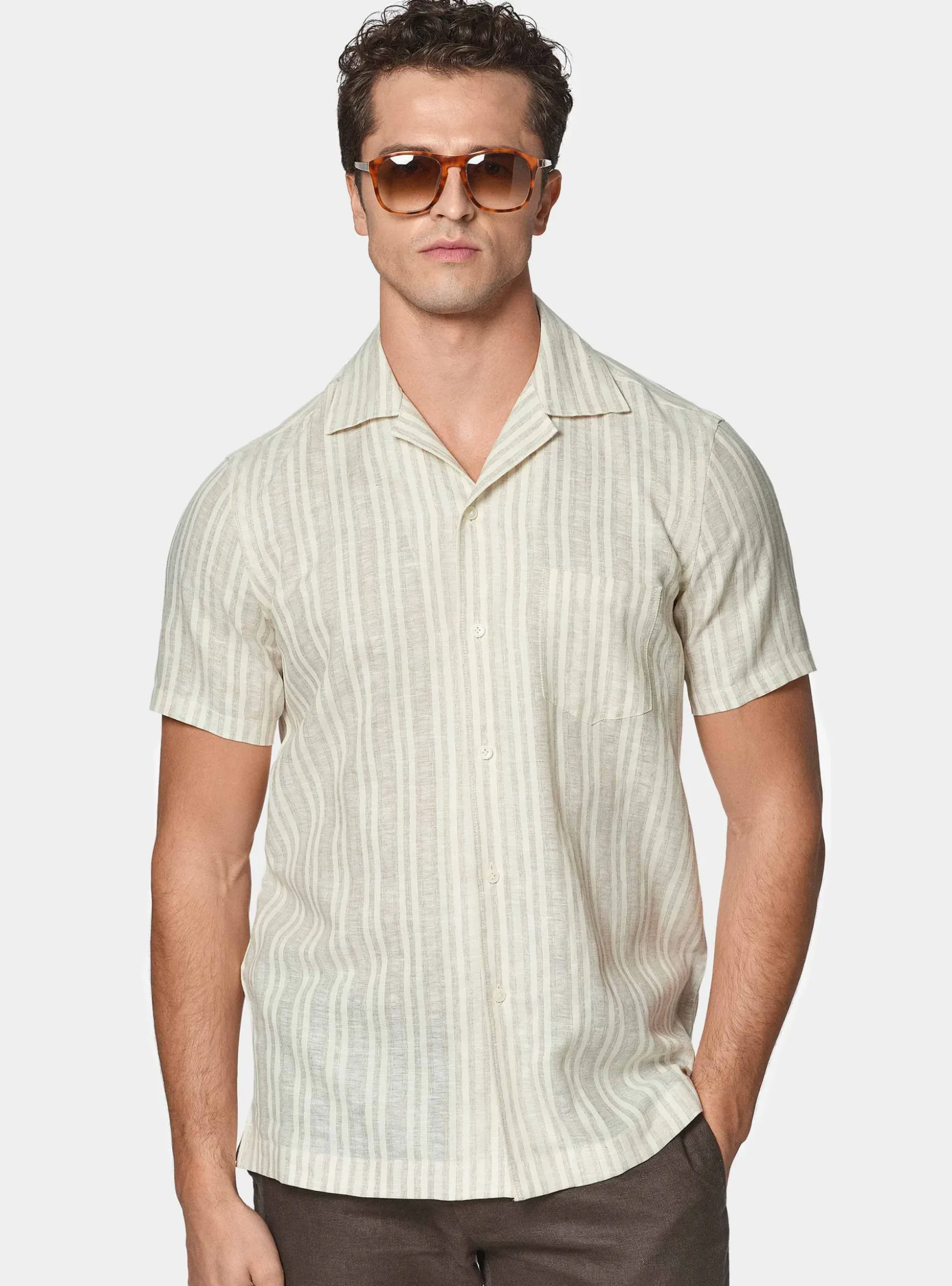 Camicia bowling in lino e cotone rigato