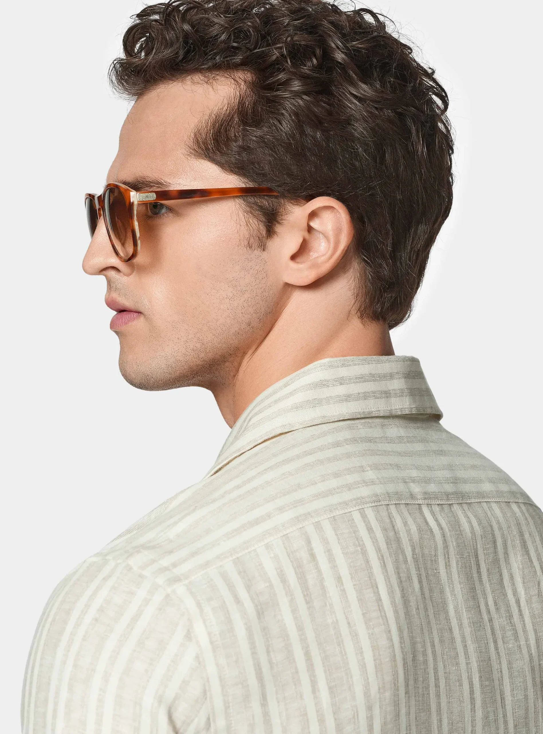 Camicia bowling in lino e cotone rigato