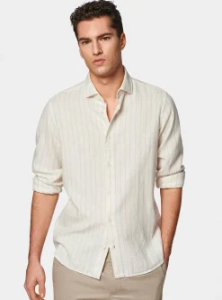 Camicia rigata in lino crepe e cotone