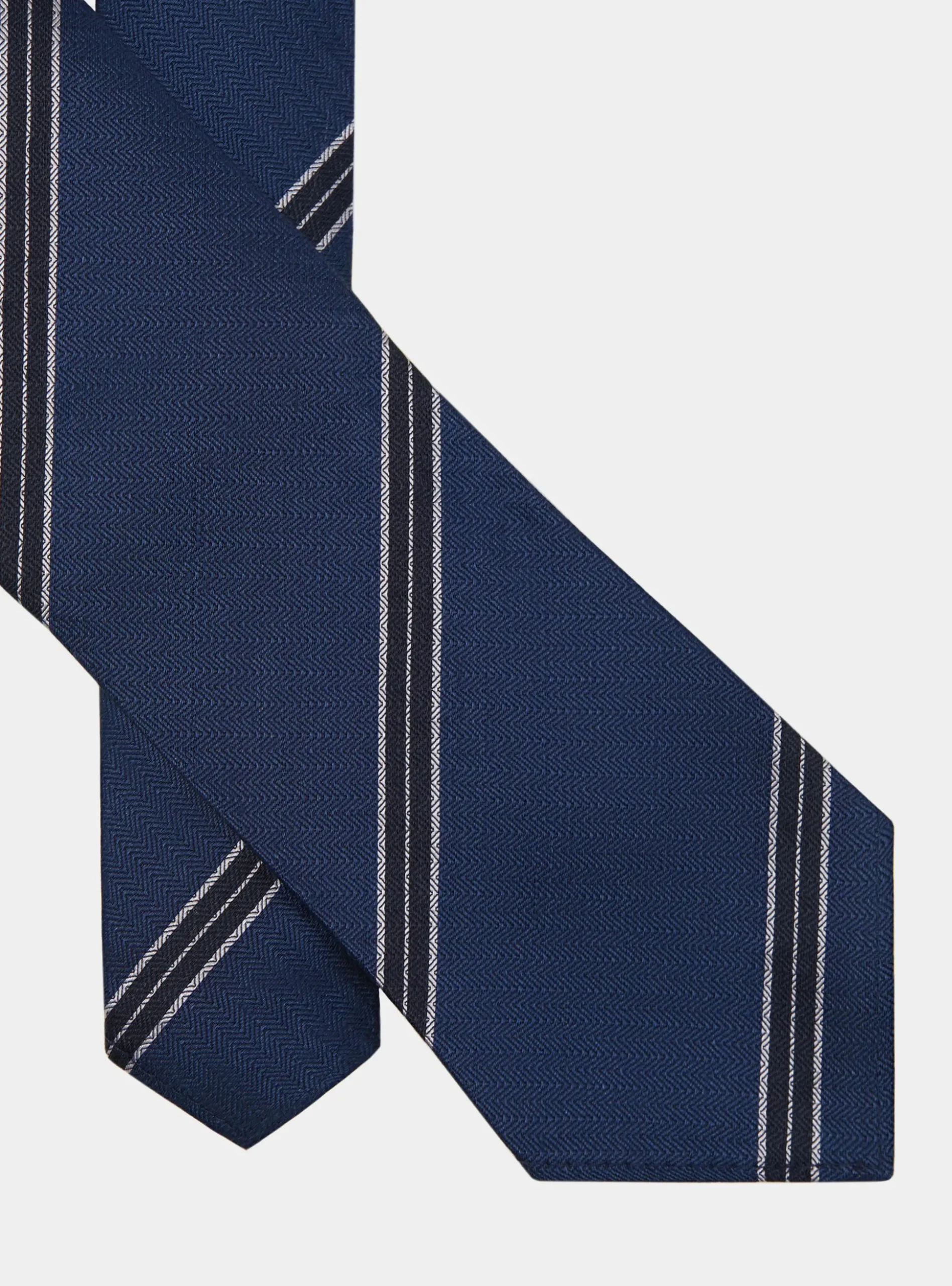 Cravatta rigata in seta e lino herringbone