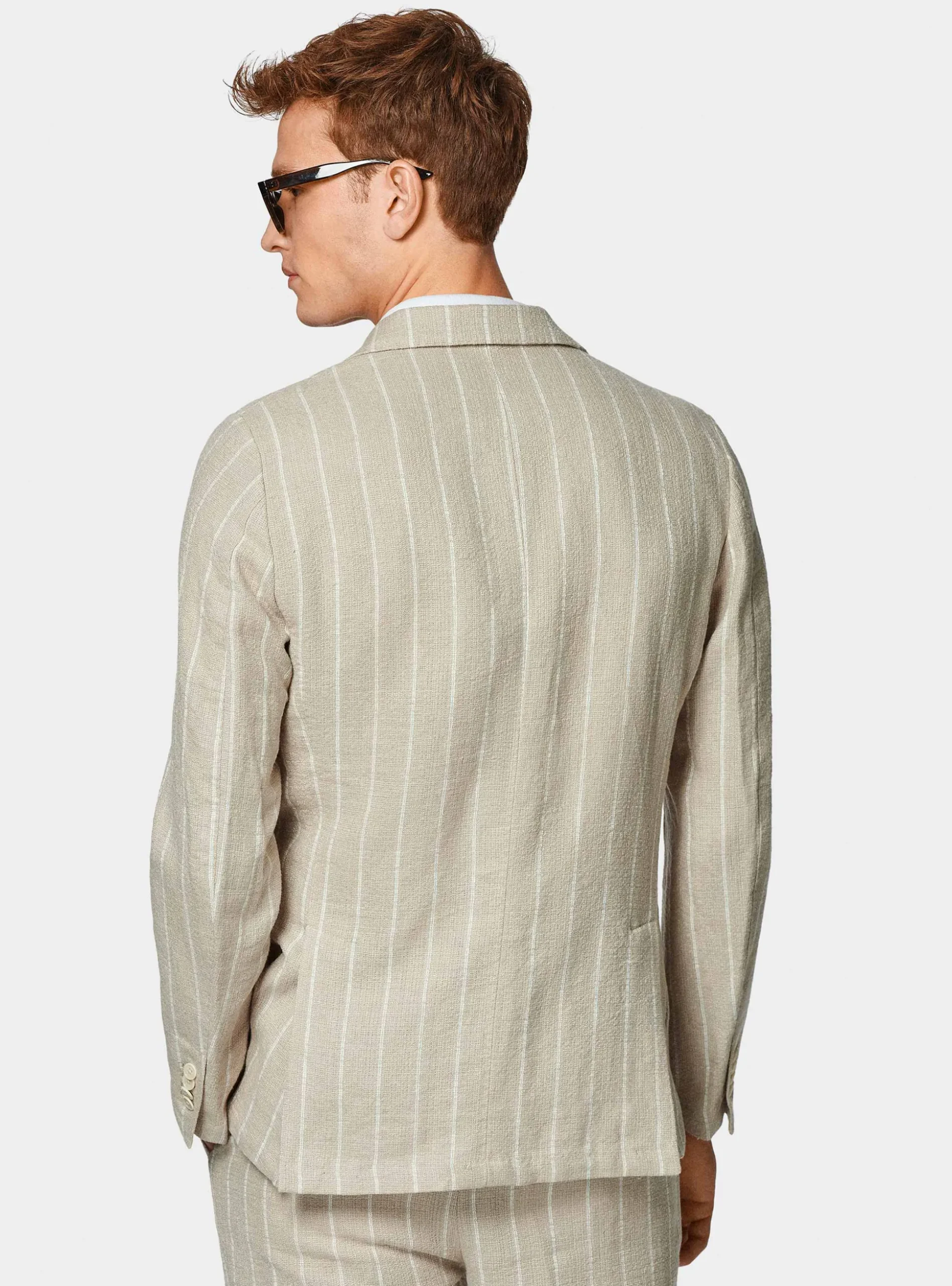 Giacca abito rigato in puro lino crepe