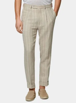 Pantaloni abito rigato in puro lino crepe