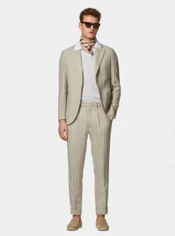 Pantaloni abito rigato in puro lino crepe