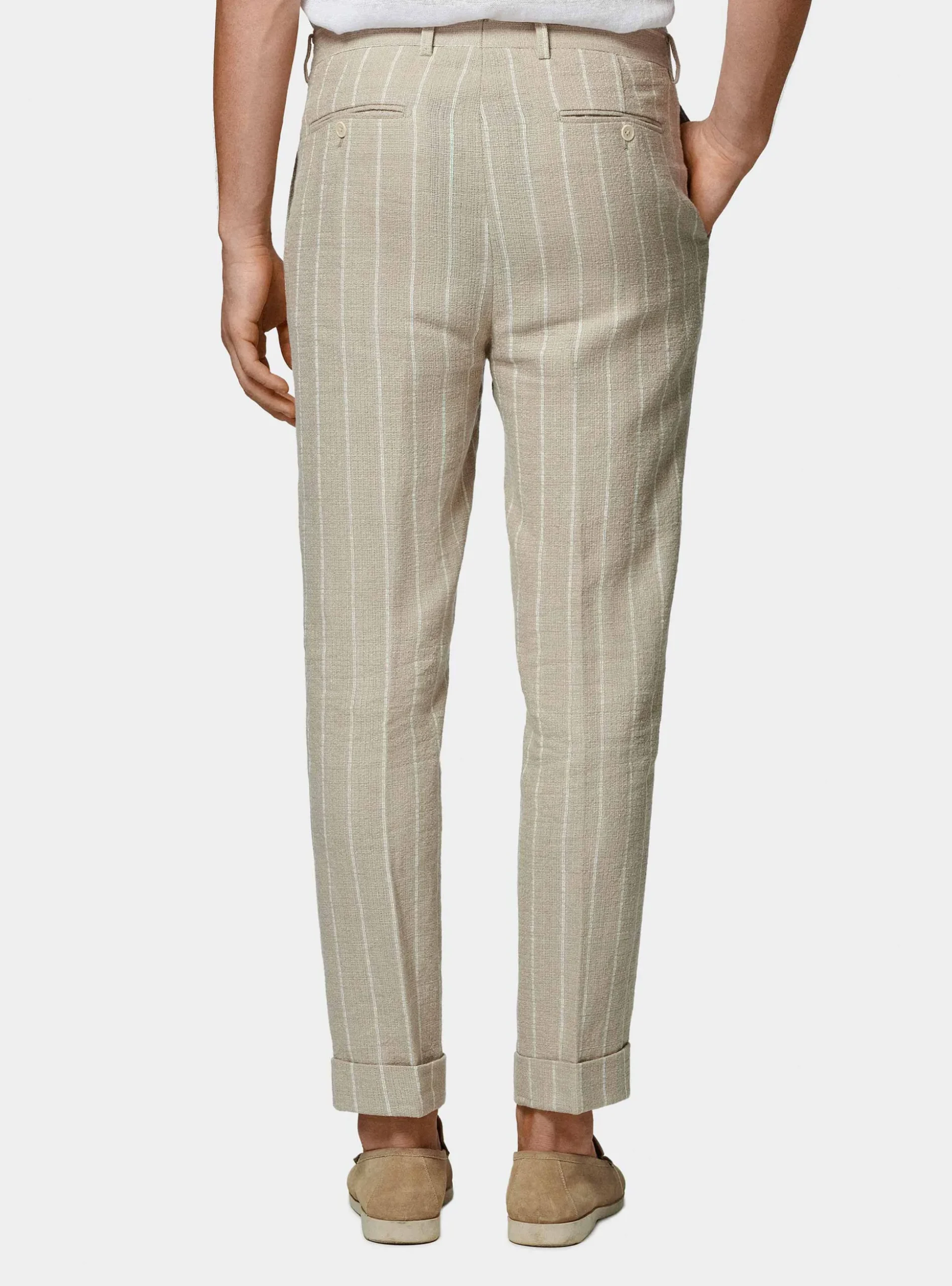 Pantaloni abito rigato in puro lino crepe