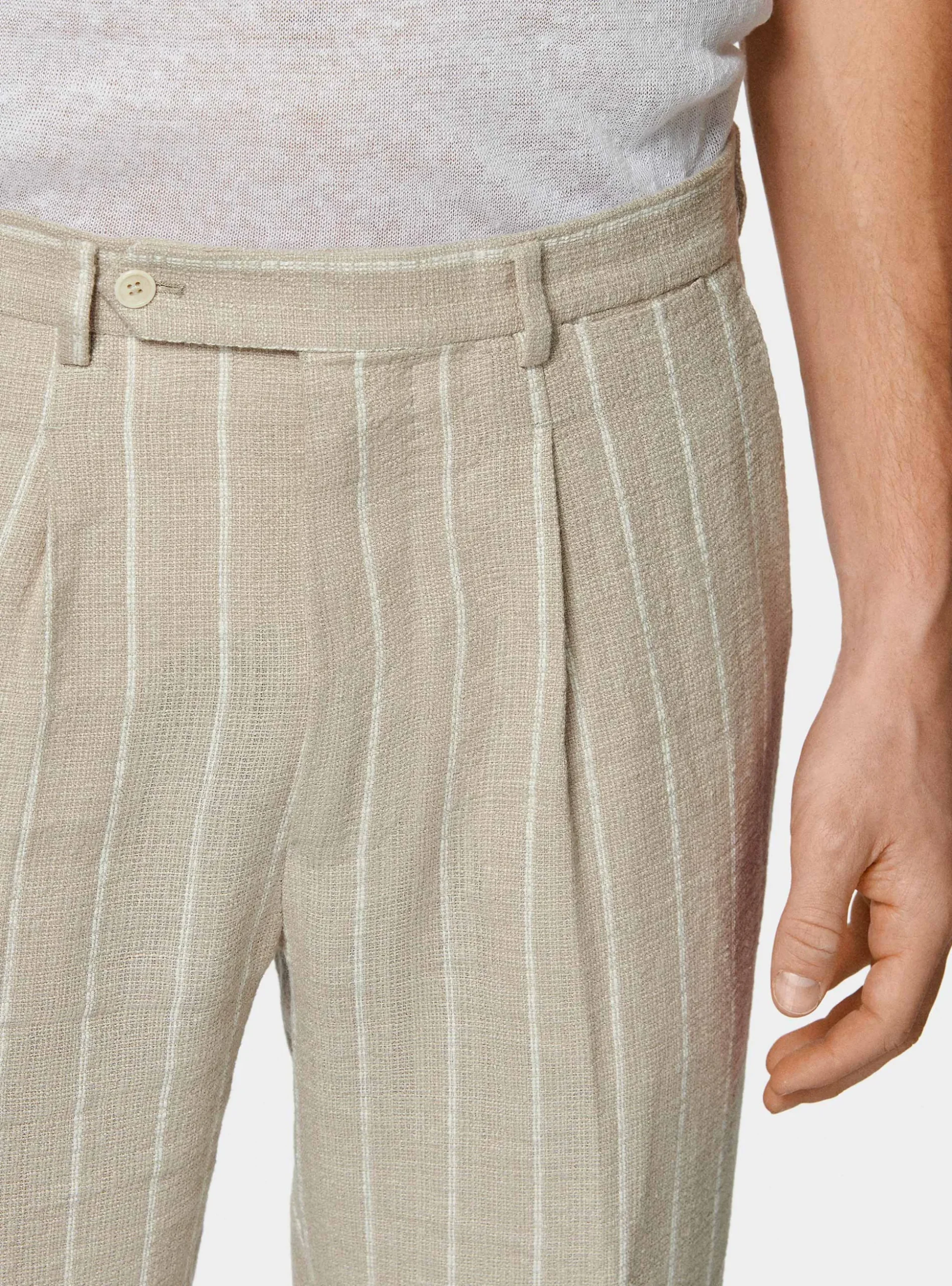 Pantaloni abito rigato in puro lino crepe