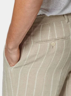 Pantaloni abito rigato in puro lino crepe