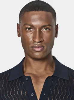 Polo camicia in maglia traforata in cotone e seta