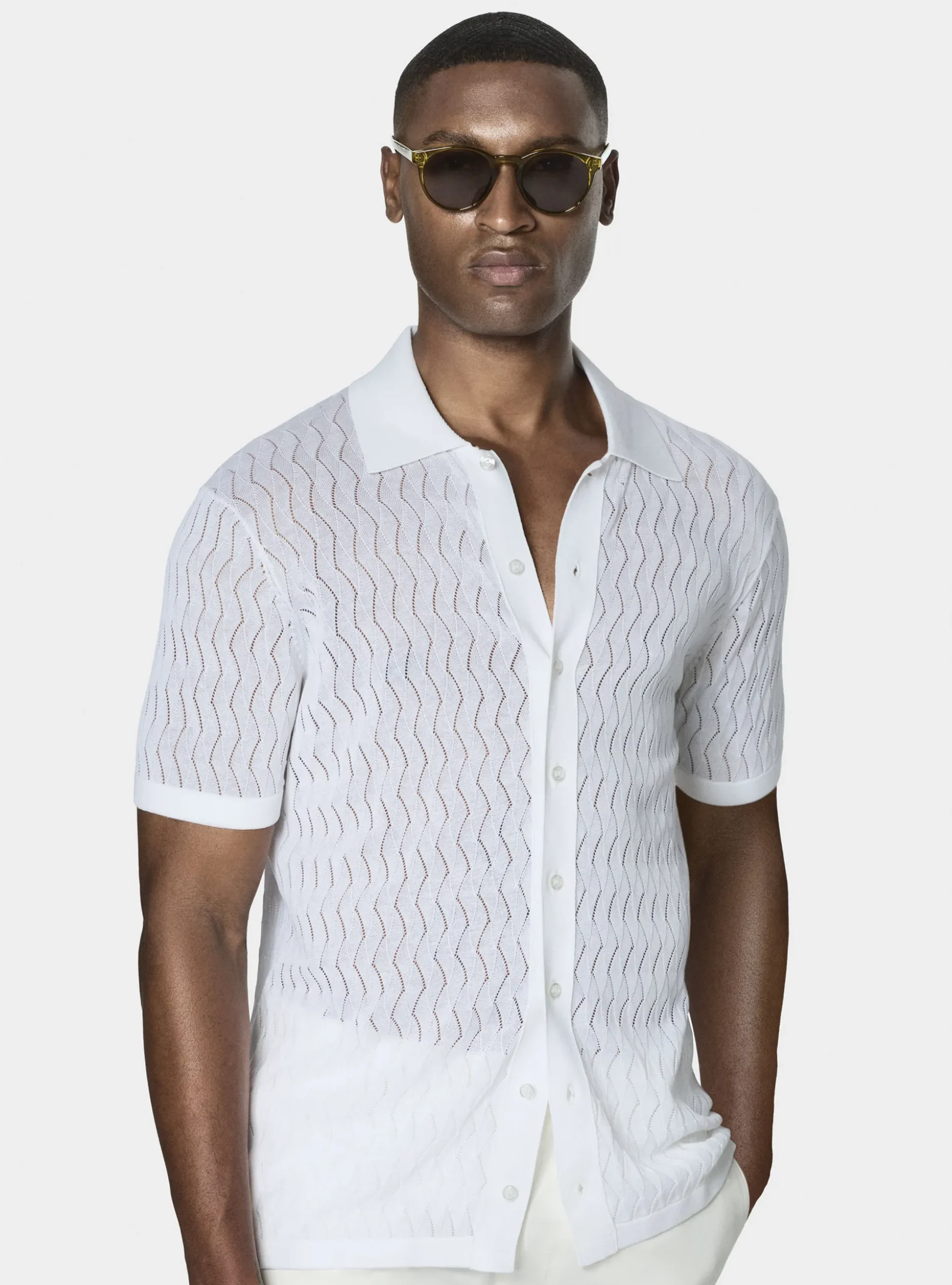 Polo camicia in maglia traforata in cotone e seta