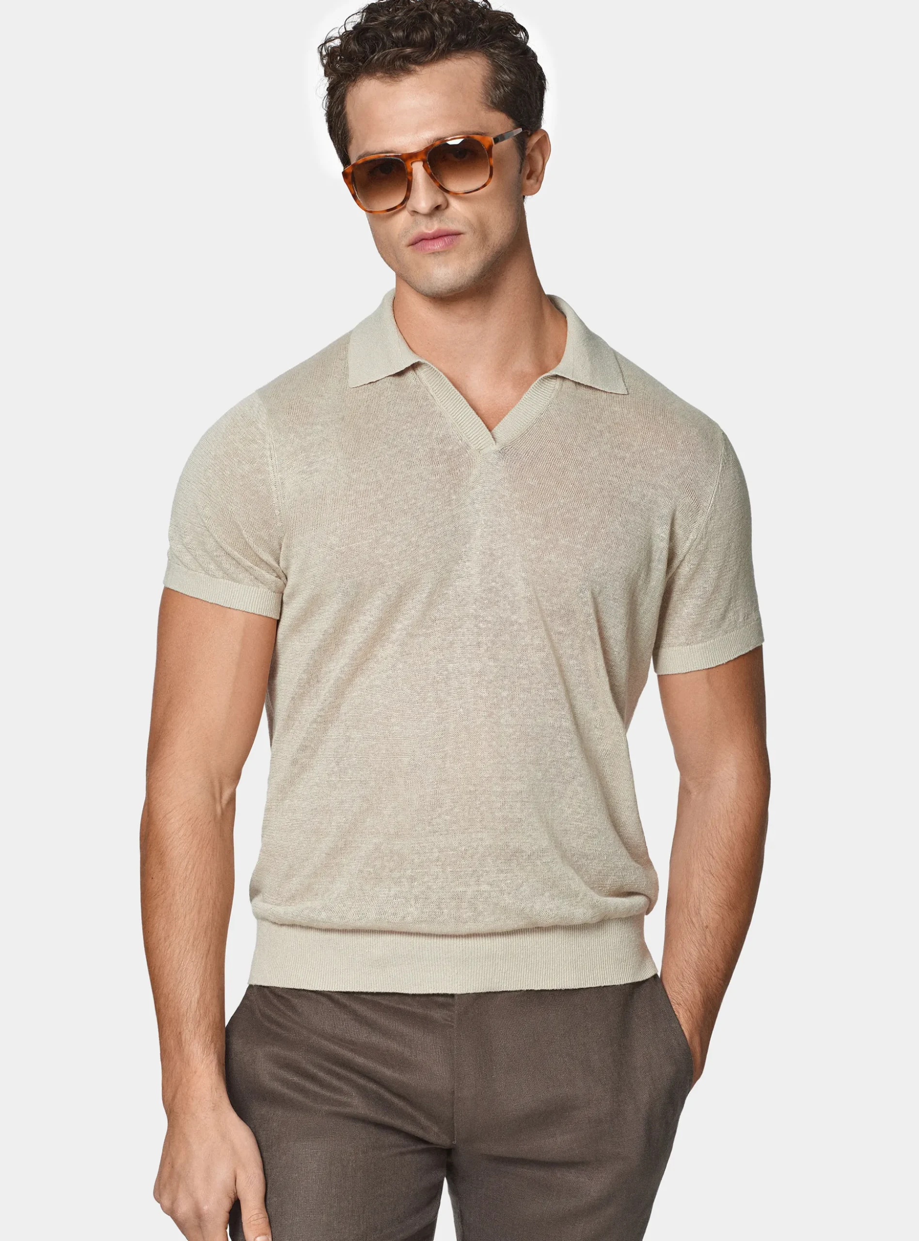 Polo in maglia senza bottoni in puro lino