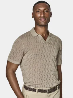 Polo in maglia traforata senza bottoni in cotone e seta