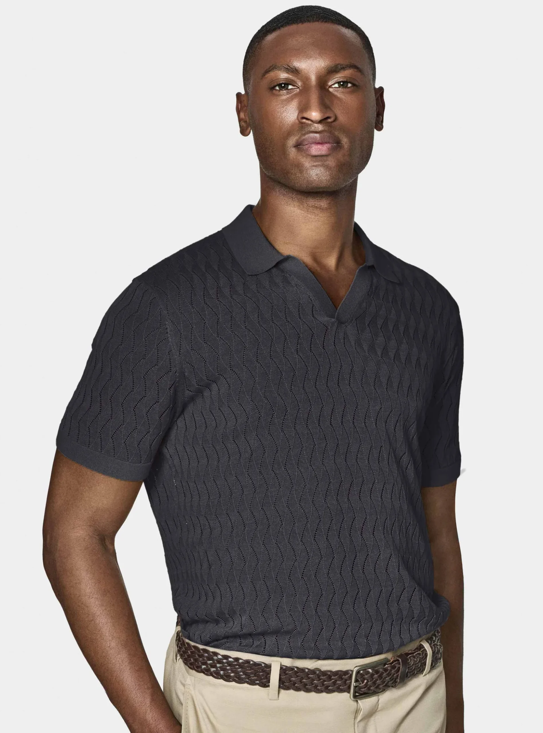 Polo in maglia traforata senza bottoni in cotone e seta